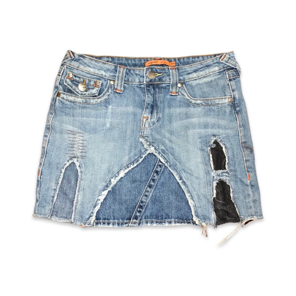 Unique Distressed Patchwork Denim Mini Skirt